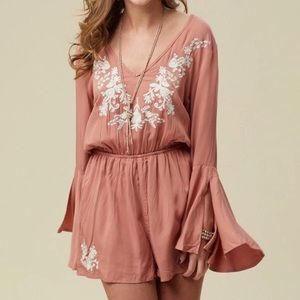 Alter’d State Bell Sleeve Dusty Rose embroidered romper